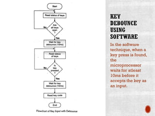 In the software
technique, when a
key press is found,
the
microprocessor
waits for atleast
10ms before it
accepts the key as
an input.
 