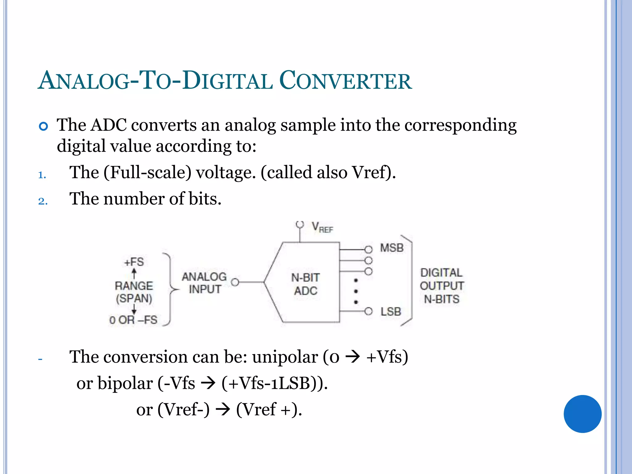 ANALOG-TO-DIGITAL CONVERTER


1.
2.

-

The ADC converts an analog sample into the corresponding
digital value according to:
The (Full-scale) voltage. (called also Vref).
The number of bits.

The conversion can be: unipolar (0  +Vfs)
or bipolar (-Vfs  (+Vfs-1LSB)).
or (Vref-)  (Vref +).

 