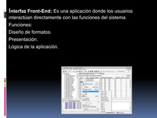 Interfaz Front-End: Es una aplicación donde los usuarios interactúan directamente con las funciones del sistema.Funciones:Diseño de formatos.Presentación.Lógica de la aplicación.