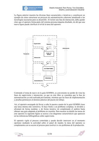 Diseño Industrial. Pere Ponsa, Toni Granollers.
Diseño y automatización industrial
La figura anterior muestra las diversas fases secuenciales e iterativas y constituyen un
ejemplo de cómo estructurar un proyecto de automatización coherente atendiendo a las
tecnologías necesarias para su desarrollo. Al incluir una fase de interacción, debe quedar
claro que el operario forma parte del sistema persona-máquina diseñado, de ahí que una
nueva figura puede clarificar el rol de la tarea del operario.
Supervisión Operario
Información
PANEL DE
Transición MANDO
Interacción
AUTOMATISMO
PROCESO
Automatización
Centrando el tema de nuevo en la guía GEMMA, es conveniente no perder de vista las
fases de supervisión e interacción, ya que en este libro se considera que la fase de
automatización ya está realizada previamente, mientras que las fases de implementación
y pruebas pertenecen al dominio práctico del puesto de trabajo.
Así, el operario encargado de llevar a cabo la puesta a punto de la guía GEMMA tiene
una tarea interna más restrictiva. Si hace frente a un problema complejo, lo dividirá y
afrontará de forma modular, y de forma iterativa irá completando el análisis hasta
obtener una guía adaptada al problema en cuestión. Para mostrar en detalle las tareas de
este operario la siguiente figura se acerca a los diagramas característicos que aparecen
en las referencias bibliográficas sobre supervisión.
El operario vigila el proceso controlado y puede decidir intervenir en el momento
oportuno mediante la actividad sobre el panel de mando; la tarea del operario se
complementa con su acceso al proceso para resolver in situ problemas de la producción.
12/30