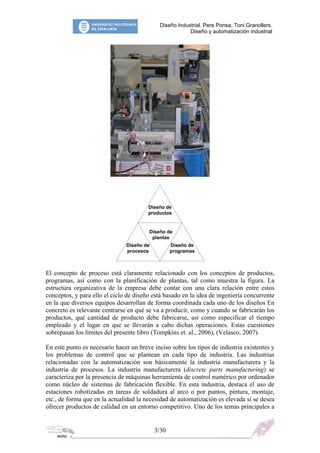 Diseño Industrial. Pere Ponsa, Toni Granollers.
Diseño y automatización industrial
Diseño de
productos
Diseño de
plantas
Diseño de Diseño de
procesos programas
El concepto de proceso está claramente relacionado con los conceptos de productos,
programas, así como con la planificación de plantas, tal como muestra la figura. La
estructura organizativa de la empresa debe contar con una clara relación entre estos
conceptos, y para ello el ciclo de diseño está basado en la idea de ingeniería concurrente
en la que diversos equipos desarrollan de forma coordinada cada uno de los diseños En
concreto es relevante centrarse en qué se va a producir, como y cuando se fabricarán los
productos, qué cantidad de producto debe fabricarse, así como especificar el tiempo
empleado y el lugar en que se llevarán a cabo dichas operaciones. Estas cuestiones
sobrepasan los límites del presente libro (Tompkins et. al., 2006), (Velasco, 2007).
En este punto es necesario hacer un breve inciso sobre los tipos de industria existentes y
los problemas de control que se plantean en cada tipo de industria. Las industrias
relacionadas con la automatización son básicamente la industria manufacturera y la
industria de procesos. La industria manufacturera (discrete parts manufacturing) se
caracteriza por la presencia de máquinas herramienta de control numérico por ordenador
como núcleo de sistemas de fabricación flexible. En esta industria, destaca el uso de
estaciones robotizadas en tareas de soldadura al arco o por puntos, pintura, montaje,
etc., de forma que en la actualidad la necesidad de automatización es elevada si se desea
ofrecer productos de calidad en un entorno competitivo. Uno de los temas principales a
3/30