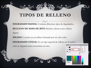 TIPOS DE RELLENO
DEGRADADO RADIAL: Contiene diferentes tipos de degradados.
RELLENO DE MAPA DE BITS: Permite colocar como relleno
alguna.
SÒLIDO: Consiste en un relleno formado por un solo color.
DEGRADADO LÌNEAL: Es un tipo especial de relleno, en el cual el
color se degrada hasta convertirse en otro.
 