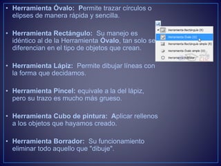 • Herramienta Óvalo: Permite trazar círculos o
elipses de manera rápida y sencilla.
• Herramienta Rectángulo: Su manejo es
idéntico al de la Herramienta Óvalo, tan solo se
diferencian en el tipo de objetos que crean.
• Herramienta Lápiz: Permite dibujar líneas con
la forma que decidamos.
• Herramienta Pincel: equivale a la del lápiz,
pero su trazo es mucho más grueso.
• Herramienta Cubo de pintura: Aplicar rellenos
a los objetos que hayamos creado.
• Herramienta Borrador: Su funcionamiento
eliminar todo aquello que "dibuje".
 