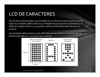 El LCD tiene almacenados 240 símbolos en su memoria interna para mostrar 
todos los símbolos alfanuméricos y símbolos de puntuación contenidos en la 
tabla de códigos ASCII‐7 y se pueden codificar 8 símbolos definidos por el 
usuario.
Los símbolos alfanuméricos y los definidos por el usuario se representan en 
matrices de 5x8 y/o 5.10 puntos por carácter.
LCD DE CARACTERES
 