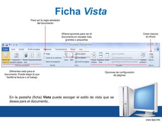 Ficha Vista
Para ver la regla alrededor
del documento

Ofrece opciones para ver el
documento en escalas más
grandes o pequeñas

Diferentes vista para el
documento. Puede elegir la que
facilite la lectura o el trabajo

Crear macros
en Word

Opciones de configuración
de páginas

En la pestaña (ficha) Vista puede escoger el estilo de vista que se
desea para el documento..

 