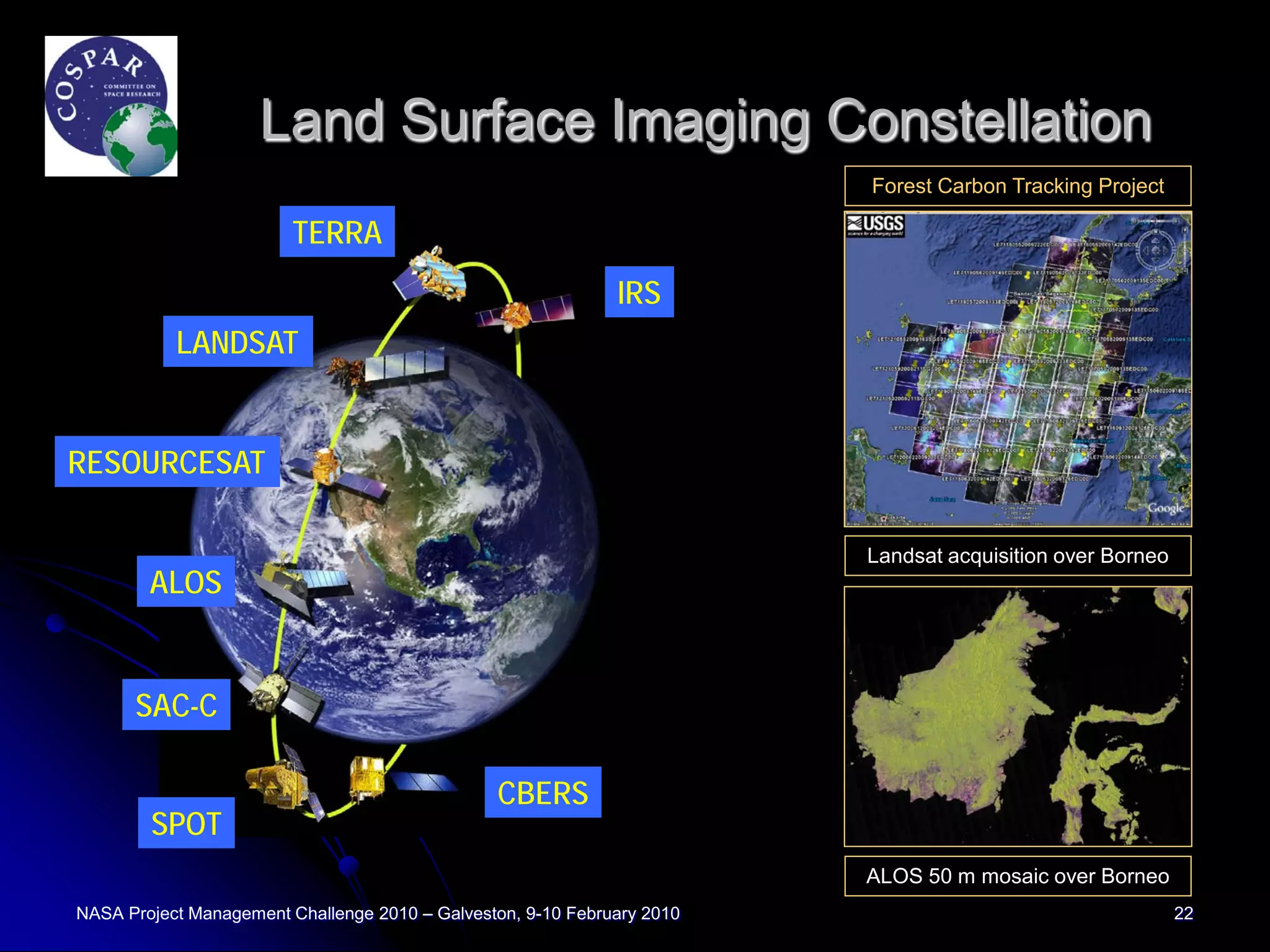 Land Surface Imaging Constellation
                                                                         Forest Carbon Tracking Project

                         TERRA
                                                              IRS
           LANDSAT


RESOURCESAT

                                                                         Landsat acquisition over Borneo
        ALOS


      SAC-C

                                                CBERS
        SPOT
                                                                         ALOS 50 m mosaic over Borneo
NASA Project Management Challenge 2010 – Galveston, 9-10 February 2010                                     22
 
