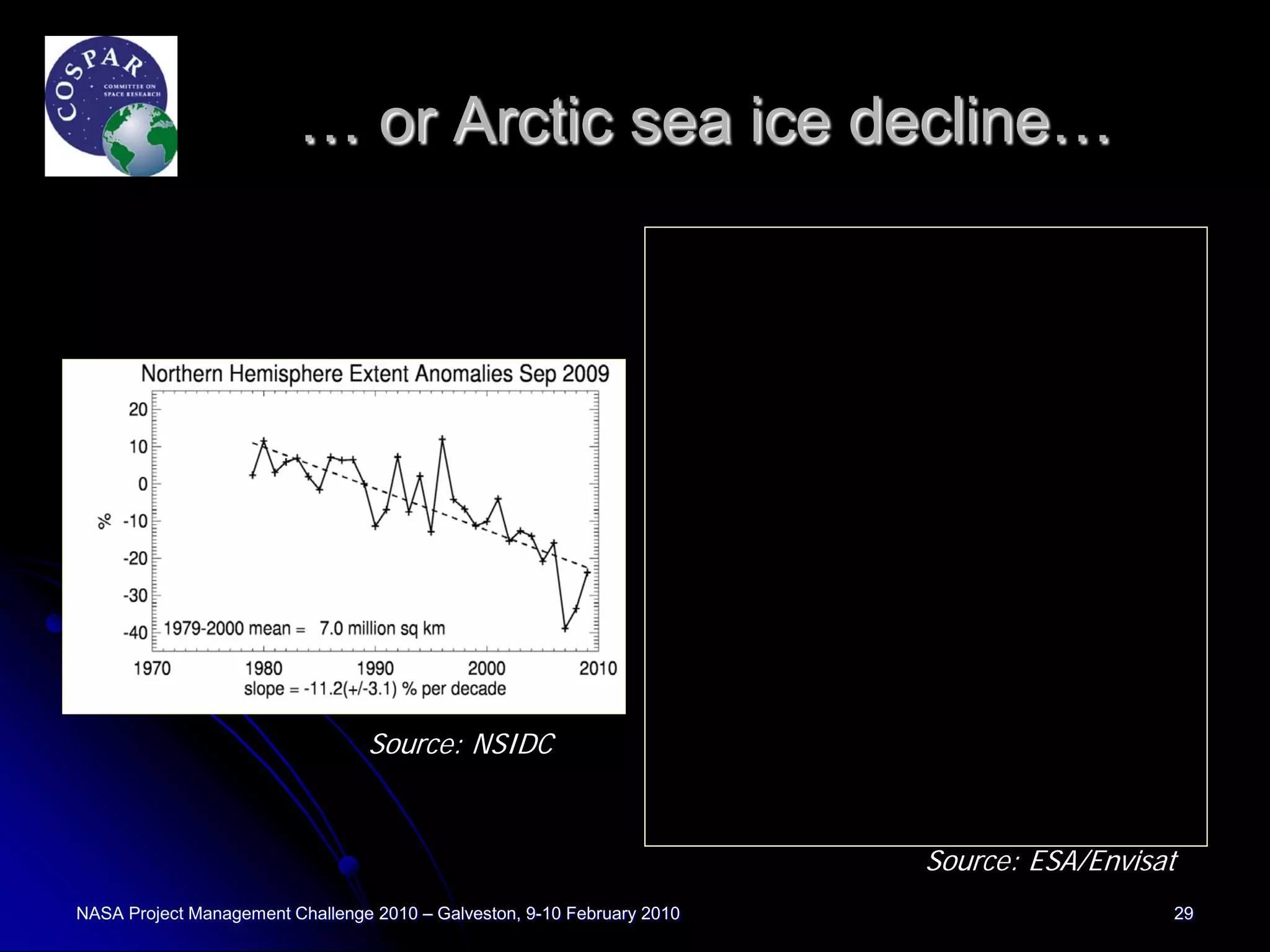 … or Arctic sea ice decline…




                                 Source: NSIDC


                                                                         Source: ESA/Envisat
NASA Project Management Challenge 2010 – Galveston, 9-10 February 2010                     29
 