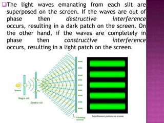 The light waves emanating from each slit are
superposed on the screen. If the waves are out of
phase
then
destructive
interference
occurs, resulting in a dark patch on the screen. On
the other hand, if the waves are completely in
phase
then
constructive
interference
occurs, resulting in a light patch on the screen.

 