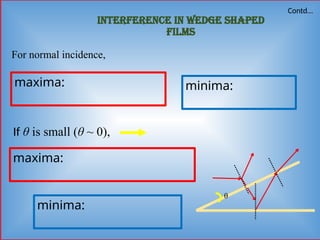 Interference in wedge shaped
films
For normal incidence,
maxima: minima:
If θ is small (θ ~ 0),
maxima:
Contd…
θ
minima:
 