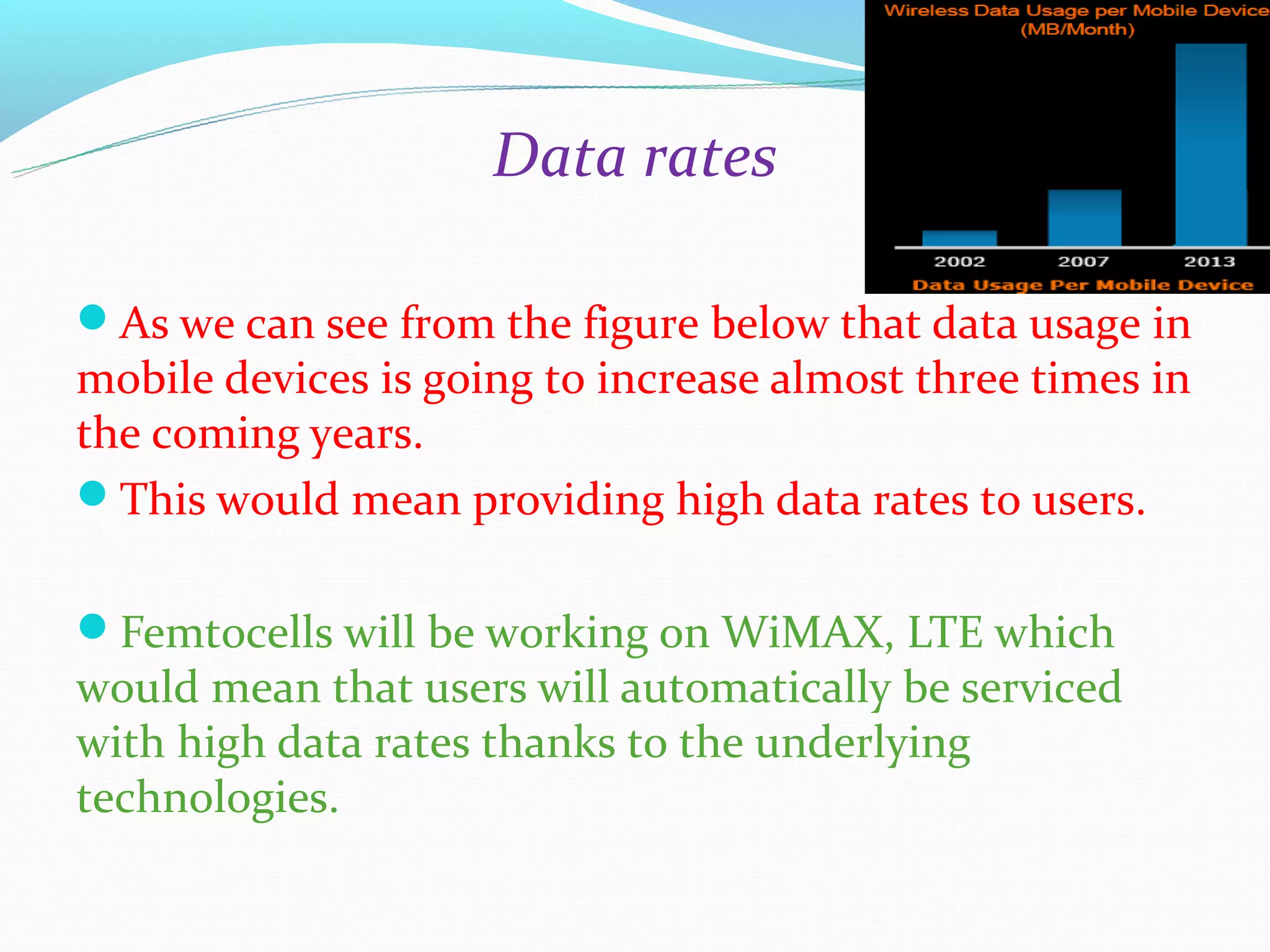 Data rates

As we can see from the figure below that data usage in
mobile devices is going to increase almost three times in
the coming years.
This would mean providing high data rates to users.


Femtocells will be working on WiMAX, LTE which
would mean that users will automatically be serviced
with high data rates thanks to the underlying
technologies.
 