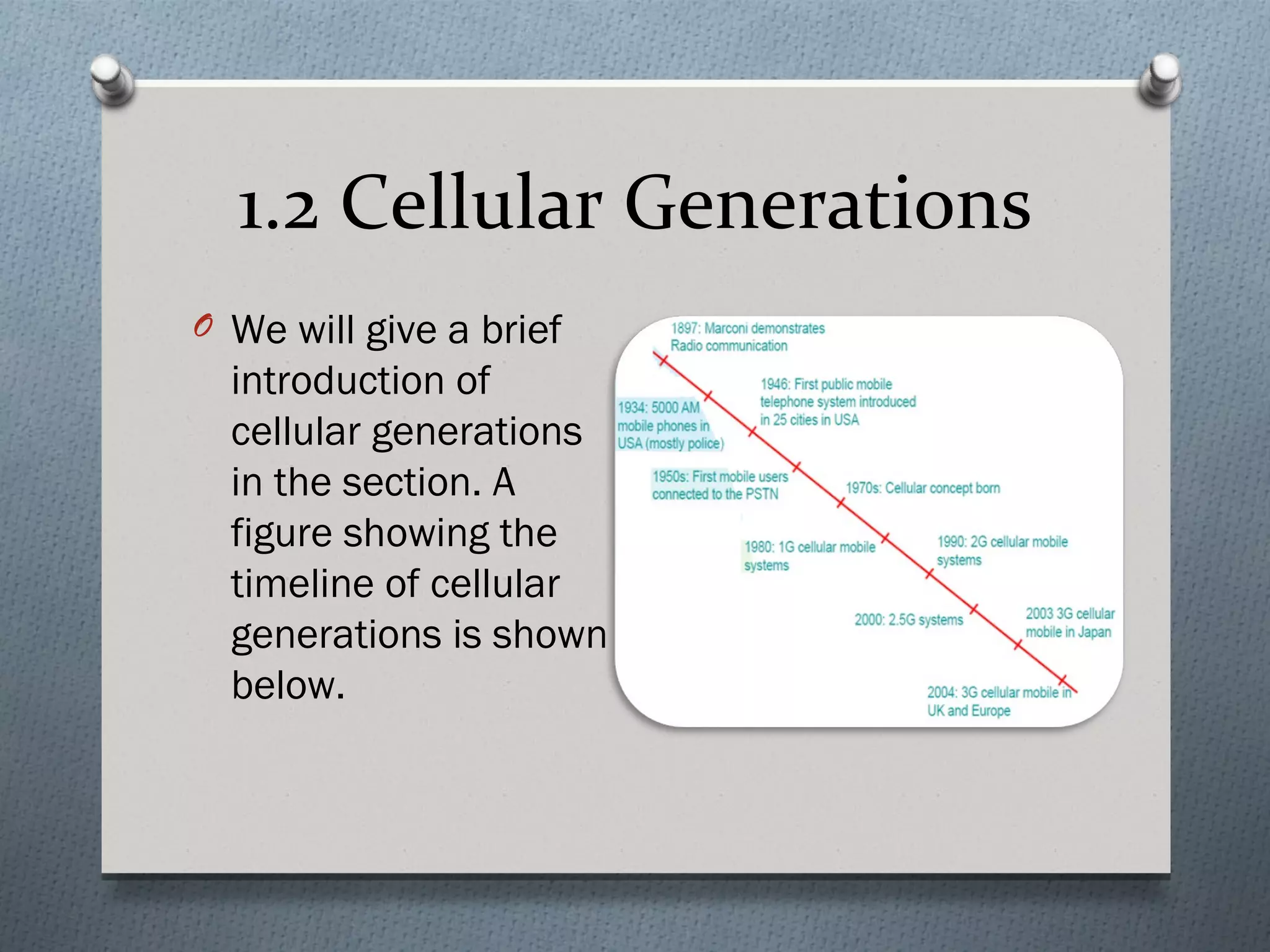 1.2 Cellular Generations
O We will give a brief
  introduction of
  cellular generations
  in the section. A
  figure showing the
  timeline of cellular
  generations is shown
  below.
 