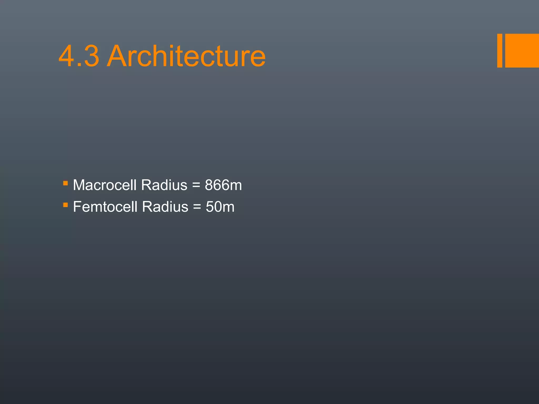 4.3 Architecture



 Macrocell Radius = 866m
 Femtocell Radius = 50m
 
