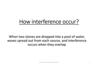 How interference occur?
When two stones are dropped into a pool of water,
waves spread out from each source, and interference
occurs when they overlap
Written and Compile by Sobana Qamar 4
 