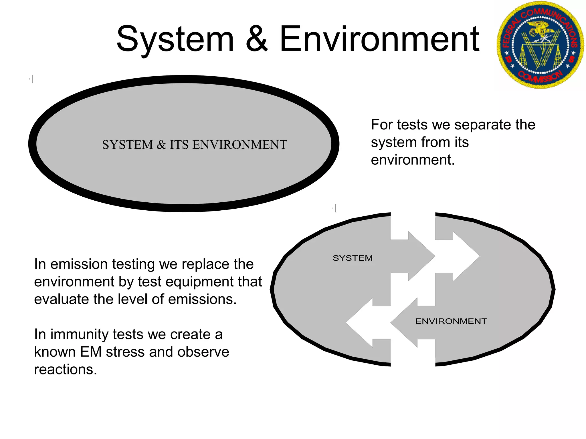 System & Environment

                                          For tests we separate the
          SYSTEM & ITS ENVIRONMENT        system from its
                                          environment.




                                     SYSTEM
In emission testing we replace the
environment by test equipment that
evaluate the level of emissions.
                                                ENVIRONMENT
In immunity tests we create a
known EM stress and observe
reactions.
 