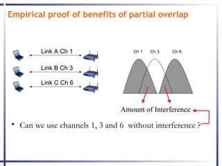 Empirical proof of benefits of partial overlap



        Link A Ch 1                Ch 1   Ch 3   Ch 6


        Link B Ch 3

        Link C Ch 6



                               Amount of Interference

• Can we use channels 1, 3 and 6 without interference ?
 