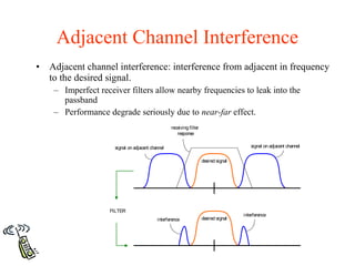 Adjacent Channel Interference
•   Adjacent channel interference: interference from adjacent in frequency
    to the desired signal.
     – Imperfect receiver filters allow nearby frequencies to leak into the
       passband
     – Performance degrade seriously due to near-far effect.
                                                   receiving filter
                                                      response

                      signal on adjacent channel                                          signal on adjacent channel


                                                                      desired signal




                    FILTER
                                                                                       interference
                                            interference              desired signal
 
