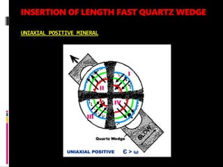 INSERTION OF LENGTH FAST QUARTZ WEDGE
UNIAXIAL POSITIVE MINERAL
 