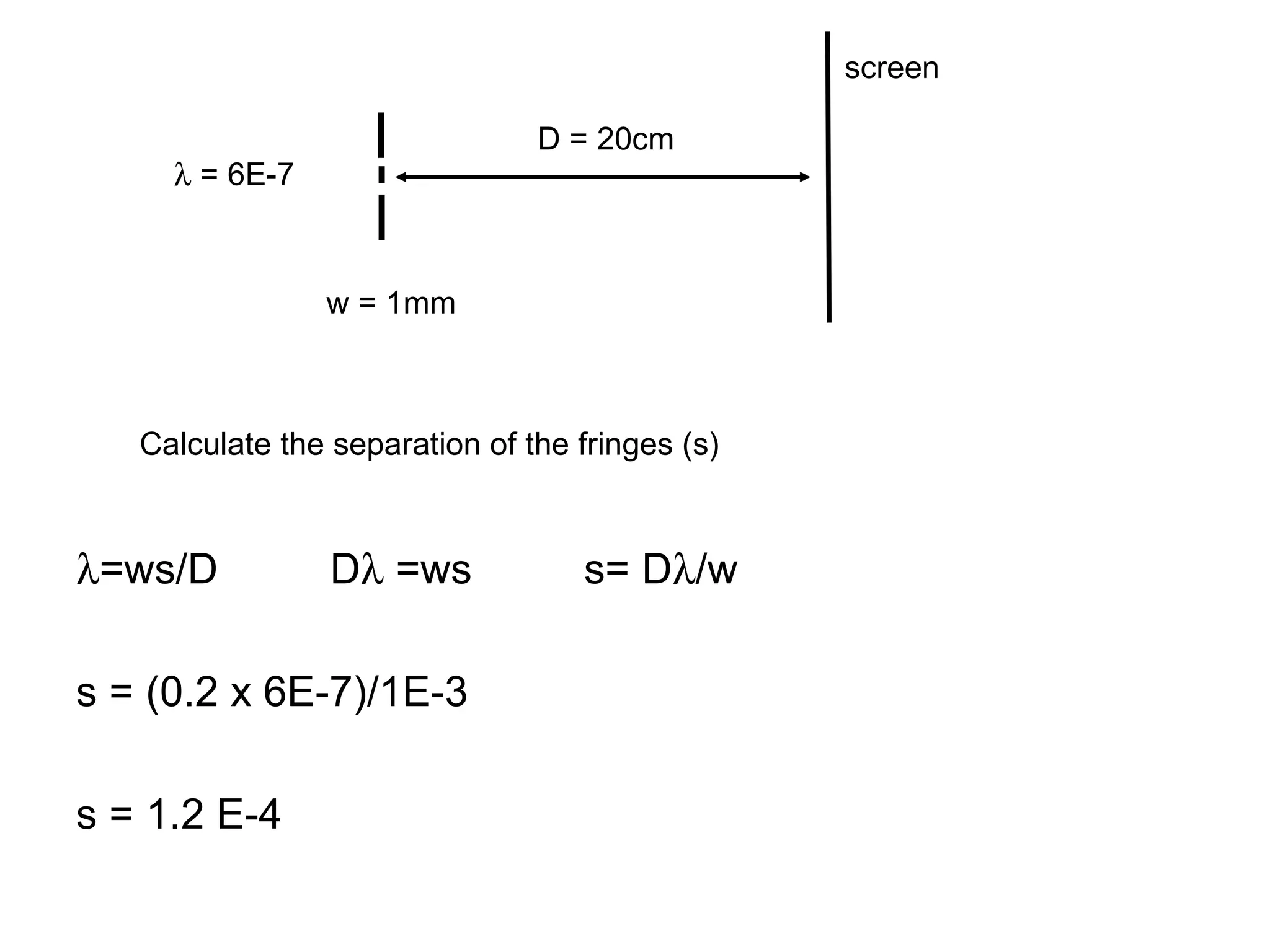  =ws/D D   =ws s= D  /w s = (0.2 x 6E-7)/1E-3 s = 1.2 E-4   = 6E-7 D = 20cm w = 1mm Calculate the separation of the fringes (s) screen 