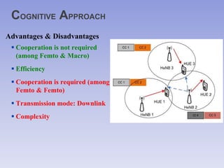 COGNITIVE APPROACH
 Cooperation is not required
(among Femto & Macro)
 Efficiency
 Cooperation is required (among
Femto & Femto)
 Transmission mode: Downlink
 Complexity
Advantages & Disadvantages
 