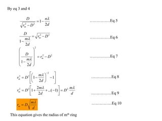 By eq 3 and 4
d
n
Dr
D
m
2
1
22



22
2
1
Dr
d
m
D
m 


22
2
2
1
Dr
d
m
D
m 






























1
2
1
2
22
d
m
Drm

d
m
D
d
m
Drm
 222
)1...(
2
2
1 




d
m
Drm


This equation gives the radius of mth ring
……………Eq 5
……………Eq 6
……………Eq 7
……………Eq 8
……………Eq 9
……………Eq 10
 