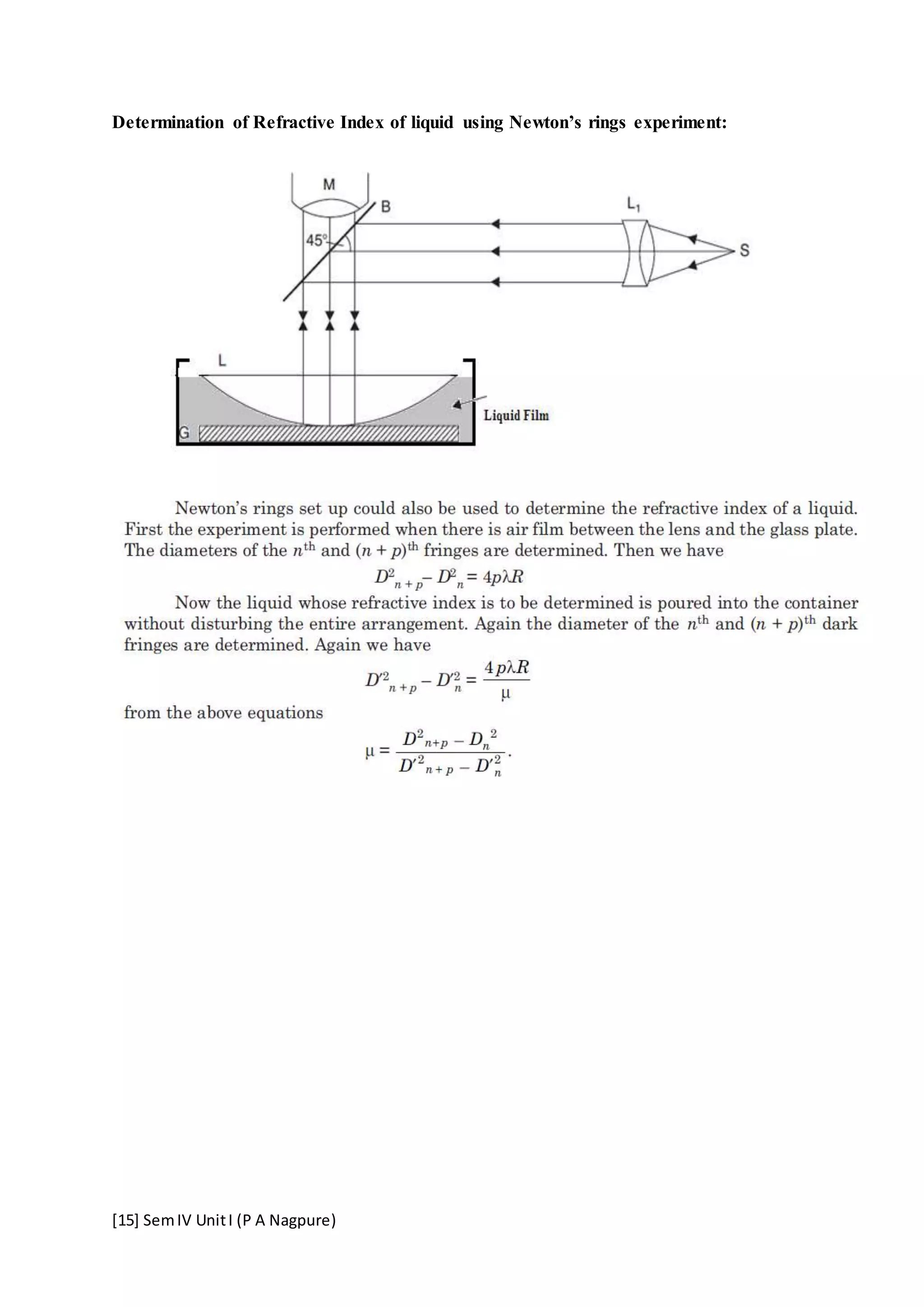 [15] SemIV UnitI (P A Nagpure)
Determination of Refractive Index of liquid using Newton’s rings experiment:
 