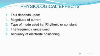 Sreeraj S R
PHYSIOLOGICAL EFFECTS
 This depends upon:
1. Magnitude of current
2. Type of mode used i.e. Rhythmic or constant
3. The frequency range used
4. Accuracy of electrode positioning
29
 