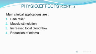 Sreeraj S R
PHYSIO.EFFECTS (CONT…)
Main clinical applications are :
1. Pain relief
2. Muscle stimulation
3. Increased local blood flow
4. Reduction of edema
30
 
