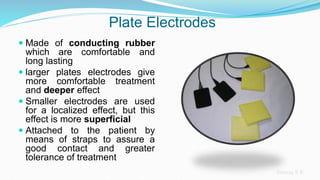 Sreeraj S R
Plate Electrodes
 Made of conducting rubber
which are comfortable and
long lasting
 larger plates electrodes give
more comfortable treatment
and deeper effect
 Smaller electrodes are used
for a localized effect, but this
effect is more superficial
 Attached to the patient by
means of straps to assure a
good contact and greater
tolerance of treatment
 