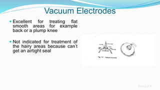 Sreeraj S R
Vacuum Electrodes
 Excellent for treating flat
smooth areas for example
back or a plump knee
 Not indicated for treatment of
the hairy areas because can’t
get an airtight seal
 