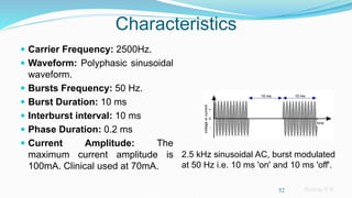 Sreeraj S R
Characteristics
 Carrier Frequency: 2500Hz.
 Waveform: Polyphasic sinusoidal
waveform.
 Bursts Frequency: 50 Hz.
 Burst Duration: 10 ms
 Interburst interval: 10 ms
 Phase Duration: 0.2 ms
 Current Amplitude: The
maximum current amplitude is
100mA. Clinical used at 70mA.
52
2.5 kHz sinusoidal AC, burst modulated
at 50 Hz i.e. 10 ms 'on' and 10 ms 'off'.
 