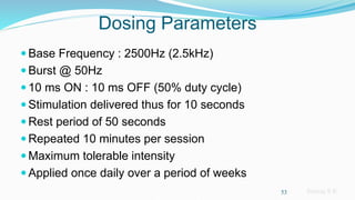 Sreeraj S R
Dosing Parameters
 Base Frequency : 2500Hz (2.5kHz)
 Burst @ 50Hz
 10 ms ON : 10 ms OFF (50% duty cycle)
 Stimulation delivered thus for 10 seconds
 Rest period of 50 seconds
 Repeated 10 minutes per session
 Maximum tolerable intensity
 Applied once daily over a period of weeks
53
 