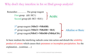 Why don't they interfere in Ist or IInd group analysis?
In basic medium the interfering radicals come into action and disturb the solubility
product of cations which causes their premature or incomplete precipitation. See the
explanation…(continue….)
Remember………… The group reagent
First group (dil: HCl )
Second group (dil: HCl +H2S )
Acidic
3rd group reagent (NH4Cl +NH4OH)
4th group reagent (NH4Cl +NH4OH + H2S)
5th group reagent(NH4Cl +NH4OH+(NH4)2CO3)
Alkaline or Basic
4/6/2022 DEPT OF POLYMER CHEMISTRY NASC KANHANGAD
 
