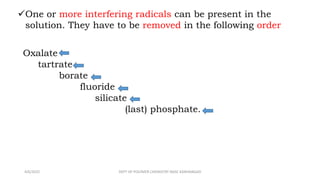 Oxalate
tartrate
borate
fluoride
silicate
(last) phosphate.
One or more interfering radicals can be present in the
solution. They have to be removed in the following order
4/6/2022 DEPT OF POLYMER CHEMISTRY NASC KANHANGAD
 
