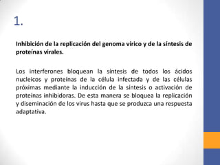 1.
Inhibición de la replicación del genoma vírico y de la síntesis de
proteínas virales.
Los interferones bloquean la síntesis de todos los ácidos
nucleicos y proteínas de la célula infectada y de las células
próximas mediante la inducción de la síntesis o activación de
proteínas inhibidoras. De esta manera se bloquea la replicación
y diseminación de los virus hasta que se produzca una respuesta
adaptativa.
 