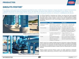 2INTERFESTER ENERO 2015
Grouts Fester®
En la industria o en la construcción es frecuente la necesidad de anclar y nivelar estructuras, maquinaria o equipo para tener un óptimo funcionamiento
y seguridad estructural. Estas aplicaciones requieren del uso de materiales que alcancen alta resistencia a la compresión en poco tiempo y que no
presenten contracciones una vez instalados.A estos productos se les conoce como grouts, morteros sin contracción o estabilizadores de volumen.
PRODUCTOS
Los Grouts Fester® se caracterizan por ofrecer una solución para cada necesidad
que requiera del uso de un mortero sin contracción en cualquier proyecto. Nuestras
soluciones ayudan a reducir tiempos y costos a la vez que incrementarán la calidad,
durabilidad y seguridad de la obra. Las principales ventajas y beneficios de los Grouts
Fester® son:
Características Ventajas Beneficios
Resistencia a edades
tempranas
Permite poner en marcha la
obra en menos tiempo sin
tener que esperar varios días
Reduce costos en obra por días,
mano de obra y mantenimiento
por desgaste de la aplicación
No se contrae No pierde área de contacto
en la aplicación ademas de
evitar agrietamientos
Garantiza la seguridad en obra
sin dañar la estructura o equipo
instalado evitando costos por man-
tenimiento o retrabajo posterior
Alta adherencia Se adhiere perfectamente al
concreto en donde se va a
aplicar.*
Carga el elemento con un
excelente desempeño, evitando
cualquier riesgo en la aplicación
Fluidez Se acomoda de manera
adecuada en encofrados
densos sin dejar aire
atrapado en la aplicación
No se compromete la resistencia
del producto evitando cualquier
costo de mantenimiento posterior
Fester®
cuenta con un amplio portafolio de grouts cementosos o epóxicos.Todos ellos,
morteros libres de contracción y de expansión controlada con excelentes propiedades
de resistencia a la compresión, así como la fluidez que usted necesita para una fácil
colocación de los productos; además no dañan el acero de refuerzo pues no contienen
cloruros.
Nuestro equipo de Servicio Técnico cuenta con amplia experiencia resolviendo
cualquier duda en aplicaciones y emitiendo la mejor recomendación para tu proyecto.
Anclaje y nivelación de vialidad elevada
Anclaje y nivelación de bombas de agua industriales
 