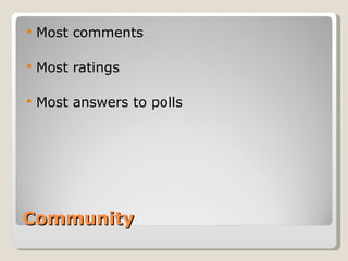 Community Most comments Most ratings Most answers to polls