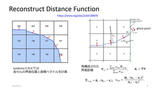 Reconstruct Distance Function
2022/3/12 6
IsoVectorとPLICでは
各セルの界面位置と面積ベクトルを計算
再構成された
界面距離
ghost point
https://arxiv.org/abs/2103.00870
 