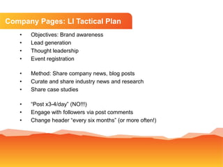 Company Pages: LI Tactical Plan
• Objectives: Brand awareness
• Lead generation
• Thought leadership
• Event registration
...