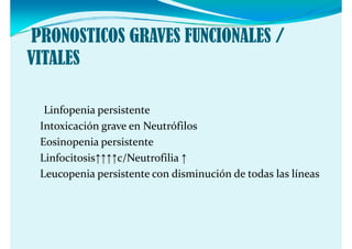 PRONOSTICOS GRAVES FUNCIONALES /
VITALES

  Linfopenia persistente
 Intoxicación grave en Neutrófilos
 Eosinopenia persistente
 E i        i     i
 Linfocitosis↑↑↑↑c/Neutrofilia ↑
 Leucopenia persistente con disminución de todas las líneas
 