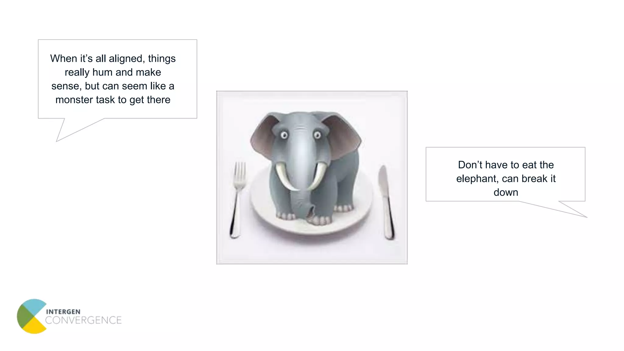 When it’s all aligned, things
really hum and make
sense, but can seem like a
monster task to get there
Don’t have to eat the
elephant, can break it
down
 