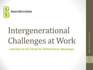 Intergenerational




                                                  BM2B - Matching Talent to Need
Challenges at Work
- and How to Use Them for Performance Advantage


                                                         1
 