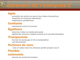 autrement dit, l’entreprise Z
Agile
permettre de mettre en œuvre leurs idées innovatrices
organisée en forme de laboratoire
expériences quotidiennes
Confiante
notamment envers les jeunes
Égalitaire
dans leur valeur un monde plus juste
égalité des chances, l’équité sociale et la non-discrimination
Transparente
horreur du mensonge et de la manipulation
soif d’honnêteté
Porteuse de sens
sens et valeur dans les missions qu’elle propose aux Z
Flexible
autonomie
journée de travail non linéaire
 