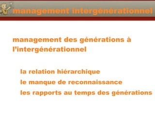 management intergénérationnel
management des générations à
l’intergénérationnel
la relation hiérarchique
le manque de reconnaissance
les rapports au temps des générations
 