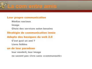La com entre amis
Leur propre communication
Médias sociaux
Image
Choix des services selon besoins
Stratégie de communication innée
Adepte des basiques du web 2.0
C'est quoi un ami ?
Liens faibles
un de leur paradoxe
leur nombril, leur image
ne savent pas vivre sans «communauté»
 