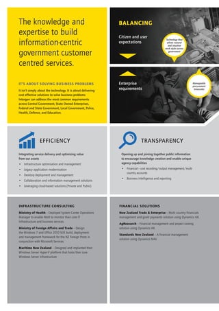 The knowledge and
expertise to build
information-centric
government customer
centred services.
IT’S ABOUT SOLVING BUSINESS PROBLEMS
It isn’t simply about the technology. It is about delivering
cost effective solutions to solve business problems
Intergen can address the most common requirements
across Central Government, State Owned Enterprises,
Federal and State Government, Local Government, Police,
Health, Defence, and Education.

EFFICIENCY
Integrating service delivery and optimising value
from our assets
•	 Infrastructure optimisation and management
•	 Legacy application modernisation
•	 Desktop deployment and management
•	 Collaboration and information management solutions

BALANCING
Citizen and user
expectations

Technology that
allows natural
and intuitive
work styles across
government

Enterprise
requirements

Manageable
procurement
timescales

TRANSPARENCY
Opening up and joining together public information
to encourage knowledge creation and enable unique
agency capabilities
•	 Financial – cost recording/output management/multi
country accounts
•	 Business intelligence and reporting

•	 Leveraging cloud-based solutions (Private and Public)

INFRASTRUCTURE CONSULTING

FINANCIAL SOLUTIONS

Ministry of Health – Deployed System Center Operations
Manager to enable MoH to monitor their core IT
Infrastructure and business services.

New Zealand Trade & Enterprise – Multi country financials
management and grant payments solution using Dynamics AX.

Ministry of Foreign Affairs and Trade – Design
the Windows 7 and Office 2010 SOE build, deployment
and management framework for the NZ Foreign Posts in
conjunction with Microsoft Services.
Maritime New Zealand – Designed and implanted their
Windows Server Hyper-V platform that hosts their core
Windows Server Infrastructure

AgResearch – Financial management and project costing
solution using Dynamics AX.
Standards New Zealand – A financial management
solution using Dynamics NAV.

 