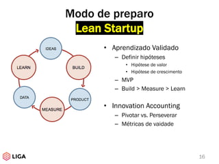 • Aprendizado Validado
– Definir hipóteses
• Hipótese de valor
• Hipótese de crescimento
– MVP
– Build > Measure > Learn
• Innovation Accounting
– Pivotar vs. Perseverar
– Métricas de vaidade
16
Modo de preparo
Lean Startup
 
