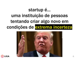 startup é...
uma instituição de pessoas
tentando criar algo novo em
condições de extrema incerteza
6
 