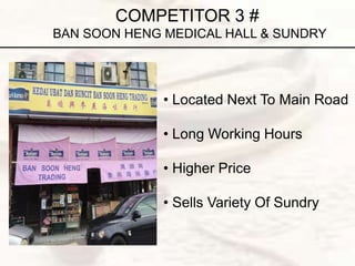 COMPETITOR 3 #
BAN SOON HENG MEDICAL HALL & SUNDRY
• Located Next To Main Road
• Long Working Hours
• Higher Price
• Sells Variety Of Sundry
 