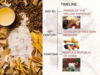 TIMELINE
2697 BC PERIOD OF THE
YELLOW EMPEROR
19TH
CENTURY
YEAR1949
DEVELOP OF WESTERN
MEDICINE
PEOPLE’S REPUBLIC
OF CHINA
 