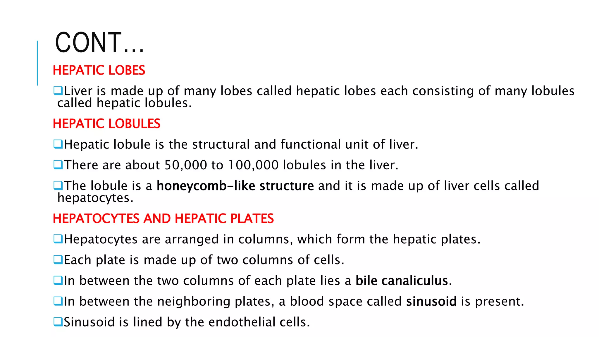CONT…
HEPATIC LOBES
Liver is made up of many lobes called hepatic lobes each consisting of many lobules
called hepatic lobules.
HEPATIC LOBULES
Hepatic lobule is the structural and functional unit of liver.
There are about 50,000 to 100,000 lobules in the liver.
The lobule is a honeycomb-like structure and it is made up of liver cells called
hepatocytes.
HEPATOCYTES AND HEPATIC PLATES
Hepatocytes are arranged in columns, which form the hepatic plates.
Each plate is made up of two columns of cells.
In between the two columns of each plate lies a bile canaliculus.
In between the neighboring plates, a blood space called sinusoid is present.
Sinusoid is lined by the endothelial cells.
 